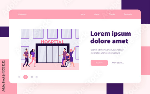 Patients and their relatives in front of hospital. Nurse, clinic, facade flat vector illustration. Medicine and healthcare concept for banner, website design or landing web page