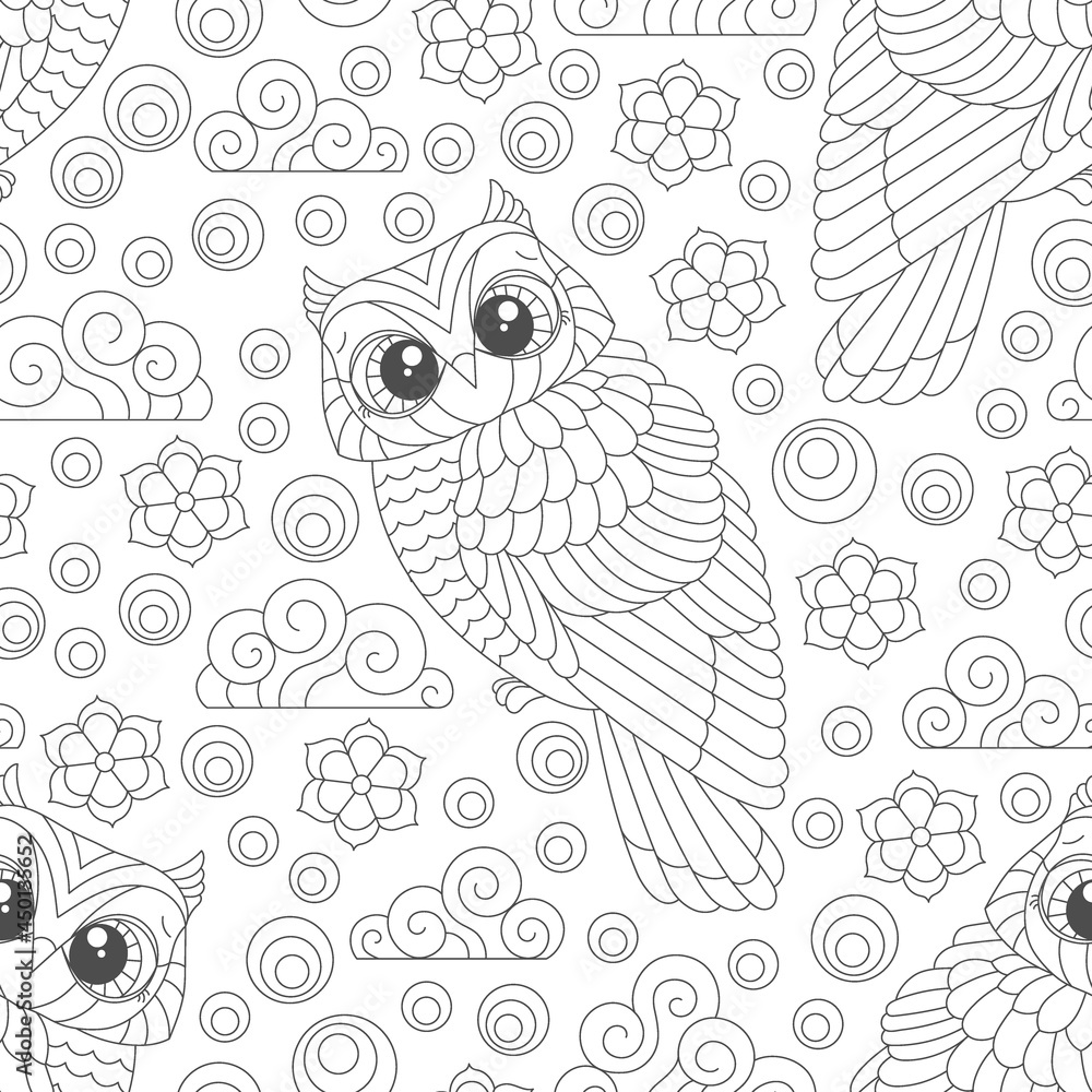 Fototapeta premium Seamless pattern with a cute dark contour owls, flowers and clouds on a white background