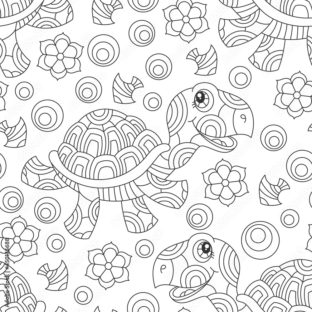 Seamless pattern with dark contour cartoon fun turtles, flowers and fish, outline animals on a white background
