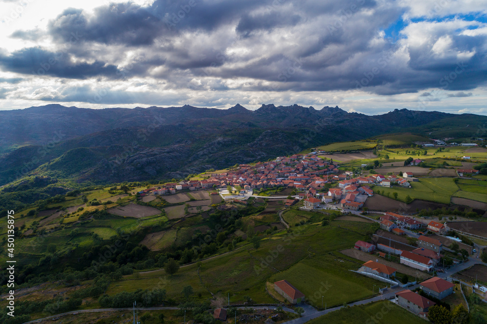 Aerial view of the traditional village of Pitoes das Junias and the surrounding agricultural fields, in the Norhern Region of Portugal