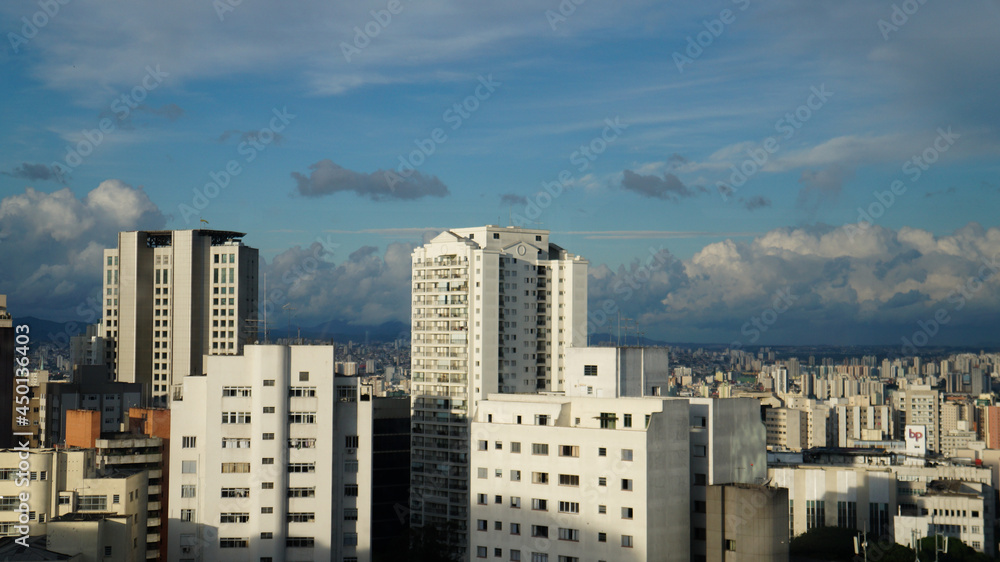 Landscape of Sao Paulo city, in Brazil. Urban jungle and blue summer sky.