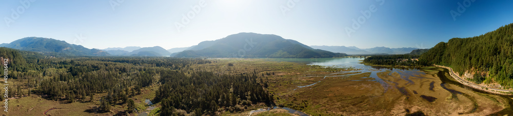 Aerial Panoramic View of Harrison River in Fraser Valley, British Columbia, Canada.