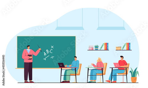 Male teacher and happy students studying in classroom. College lesson flat vector illustration. Young tutor explaining to boys and girls new topic in mathematics. Teamwork, study, class concept