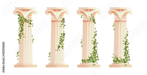 Ancient Greek column with ivy climbing branches. Roman pillar. Building design elements and decoration. Cartoon vector illustration.