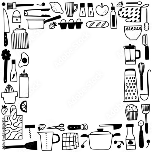 Kichen utencils and cutlery frame. Doodle outline cooking and baking square border. Cute hand drawn culinary tools and food. Tiny icon illustrations for kitchen graphic design.