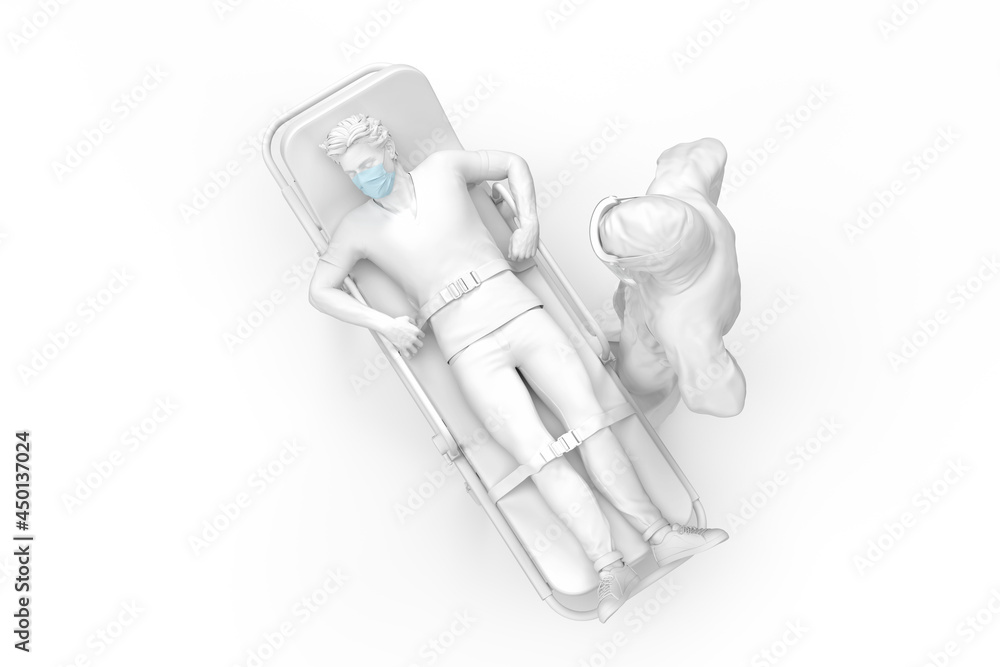 Overhead view of doctor in protective suit and sick patient on a gurney. 3D illustration Overhead view of doctor in protective suit and sick patient on a gurney. 3D illustration