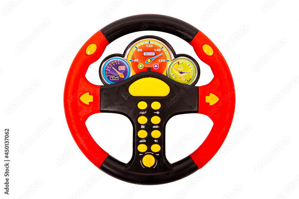 Children's toy car steering wheel, on a white background, isolated image Children's toy car steering wheel, on a white background, isolated image
