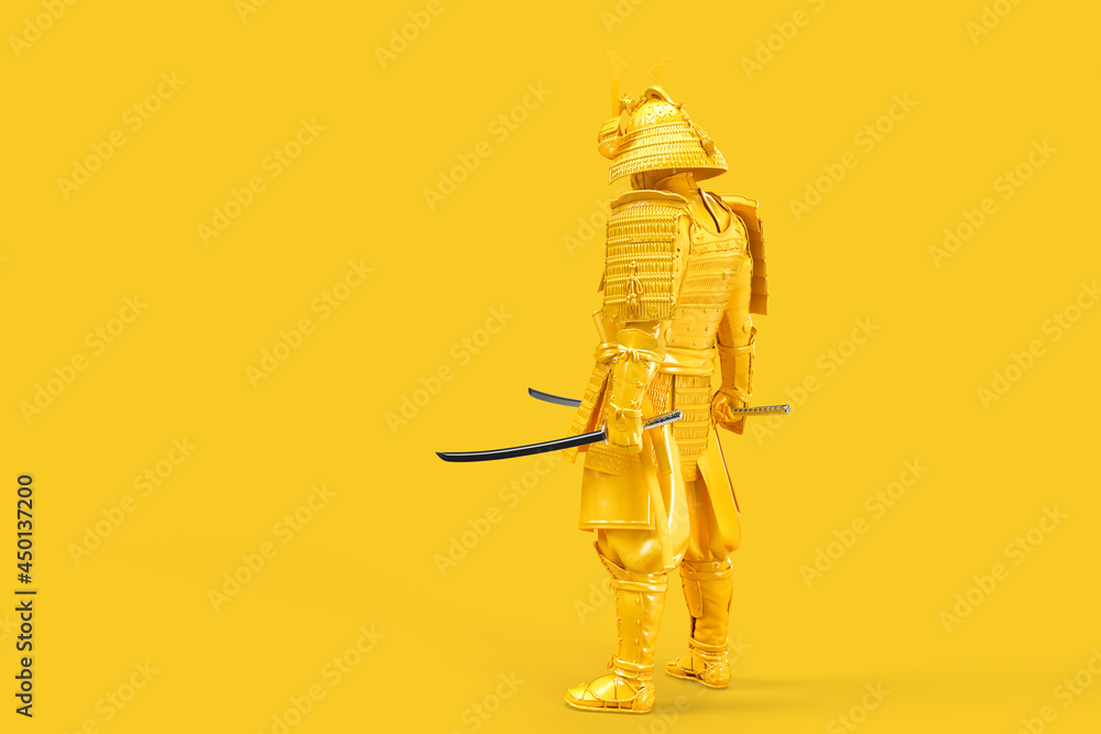 Rear view of Samurai warrior in full armor with katana. 3D illustration Rear view of Samurai warrior in full armor with katana. 3D illustration