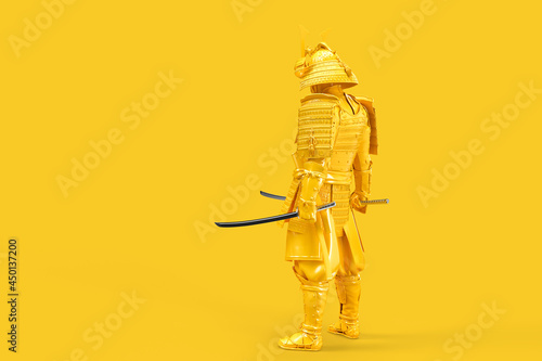 Schilderij op canvas Rear view of Samurai warrior in full armor with katana