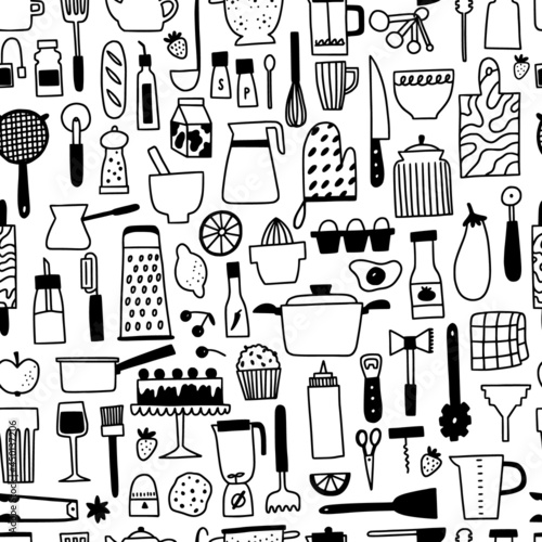 Kichen utencils and cutlery seamless pattern. Doodle outline cooking and baking illustration. Cute hand drawn culinary tools and food. Background for kitchen graphic design.