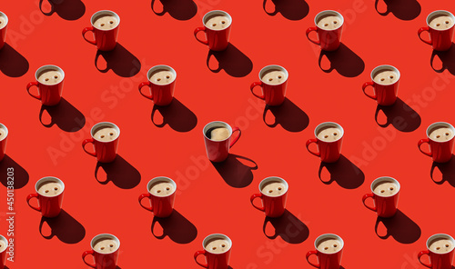 Pattern of coffee mugs on red pastel background
