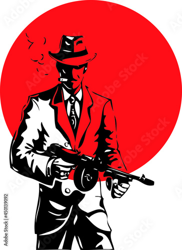 vector drawing of american mobster on red background