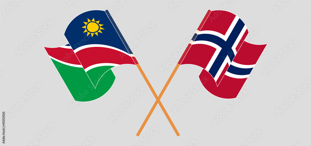 Crossed and waving flags of Namibia and Norway Crossed and waving flags of Namibia and Norway