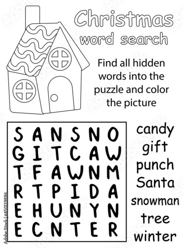 Christmas word search puzzle black and white activity page for children vector illustration. Find all hidden words into the puzzle and color the gingerbread house. Simple word game for kids in English