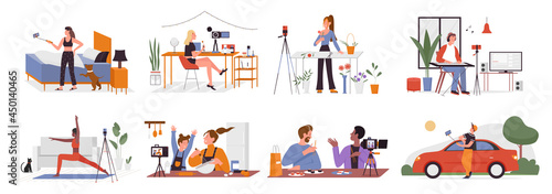 Blogger people make online video blog content or channel in social media everyday vector illustration. Cartoon girl character doing sport exercise on camera, cooking food, daily life isolated on white