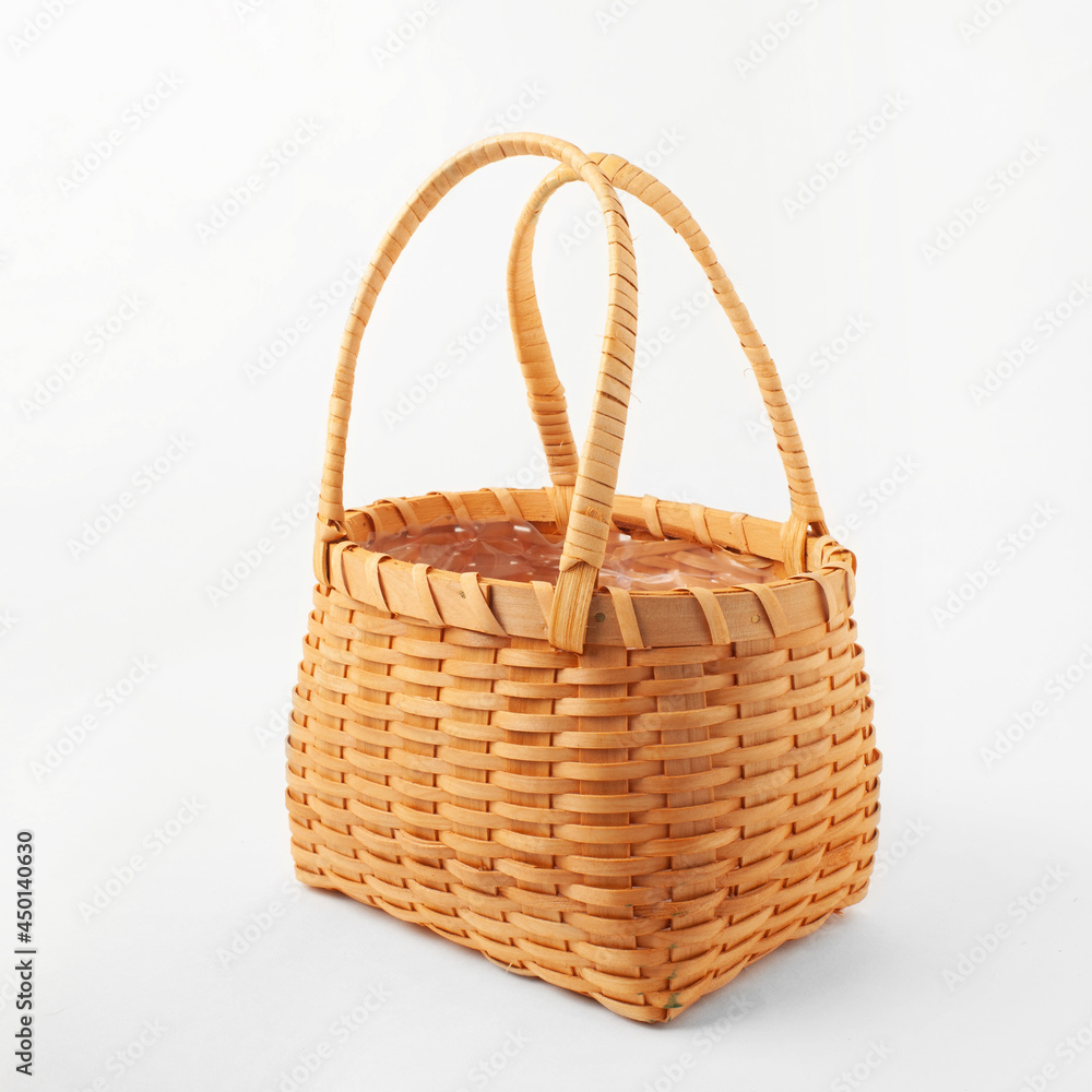 Yellow Wicker Basket Isolated On White Background.