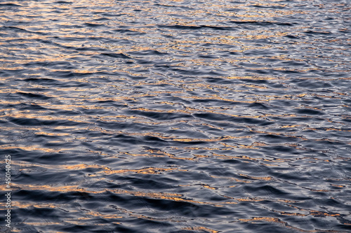 Ripples, small, little wave. Lot of waves on lake surface on sunset time..Gold water texture, natural summer background.