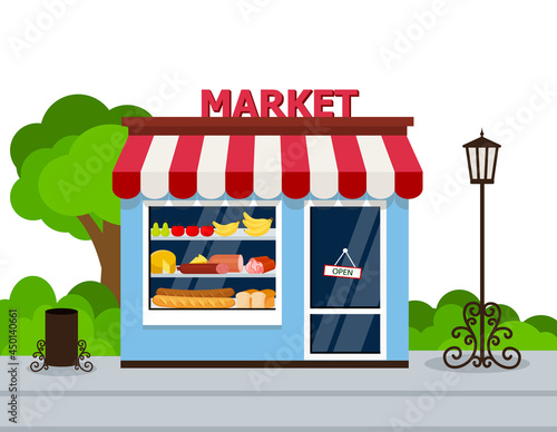 Storefront grocery store facade vector illustration. store building, flat cartoon shop facade front view.