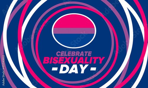 Celebrate Bisexuality Day. Bisexual Pride and Bi Visibility Day. Bisexual flag. Coming out. Celebrated annual in September 23. Festival and parade. Poster, card, banner, template, background. Vector