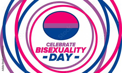 Celebrate Bisexuality Day. Bisexual Pride and Bi Visibility Day. Bisexual flag. Coming out. Celebrated annual in September 23. Festival and parade. Poster, card, banner, template, background. Vector