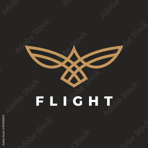 Abstract bird in flight logo. Flying gold eagle wings line icon. Concept hawk symbol. Vector illustration.