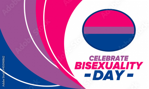 Celebrate Bisexuality Day. Bisexual Pride and Bi Visibility Day. Bisexual flag. Coming out. Celebrated annual in September 23. Festival and parade. Poster, card, banner, template, background. Vector