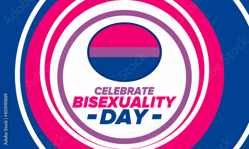 Celebrate Bisexuality Day. Bisexual Pride and Bi Visibility Day. Bisexual flag. Coming out. Celebrated annual in September 23. Festival and parade. Poster, card, banner, template, background. Vector