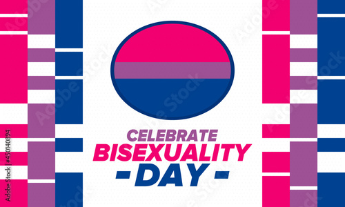 Celebrate Bisexuality Day. Bisexual Pride and Bi Visibility Day. Bisexual flag. Coming out. Celebrated annual in September 23. Festival and parade. Poster, card, banner, template, background. Vector