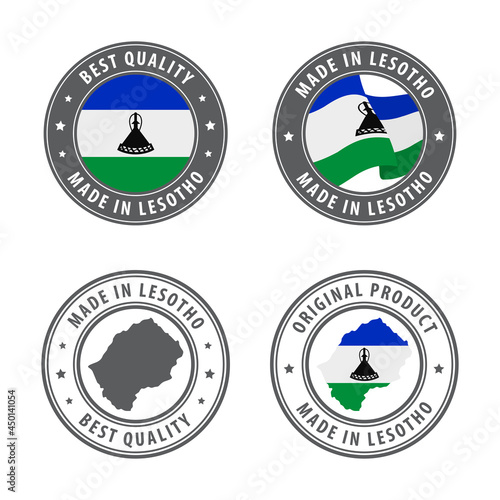 Made in Lesotho - set of labels, stamps, badges, with the Lesotho map and flag. Best quality. Original product. photo