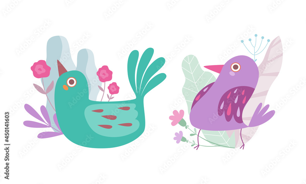 Cute Birdie Sitting in Nest of Floral Twigs Vector Set