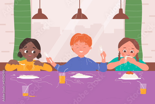 Naughty kids play with meal, bad child behavior vector illustration. Cartoon funny children sitting at table together, girl boy characters playing with spaghetti in home kitchen interior background