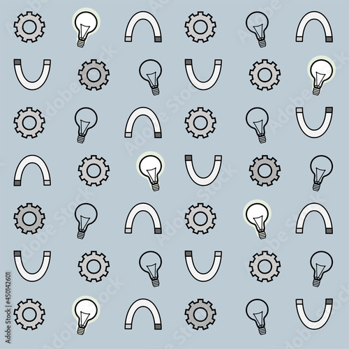 Set of white physics icons. Gear, magnet and light bulb icons