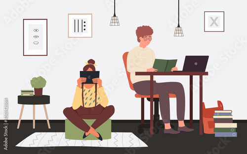Student friend people study in home room interior vector illustration. Cartoon boy character in glasses sitting at table with laptop and book, girl reading education information from tablet background