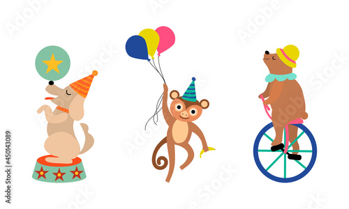Circus Bear and Monkey Animal Performing Trick Riding Unicycle and Holding Bunch of Balloons Vector Set