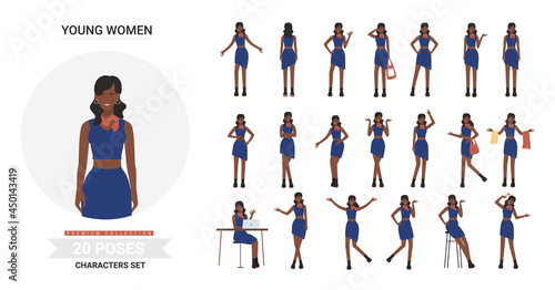 Young fashion black african american girl poses vector illustration set. Cartoon stylish woman in fashionable trendy black clothes, model posing, standing showing various gestures collection isolated