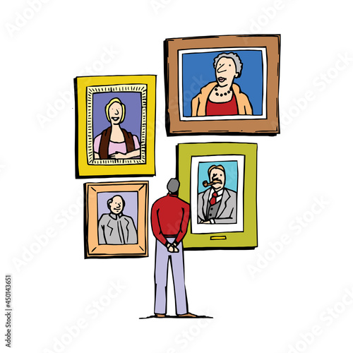 Man silhouette looking at the portraits on gallery wall. Fully editable eps10