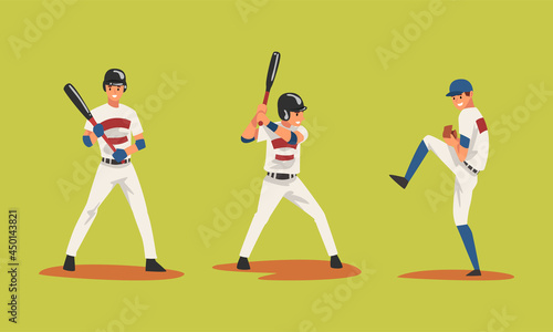 Baseball Player on Green Sport Field Playing Bat-and-ball Game Vector Set