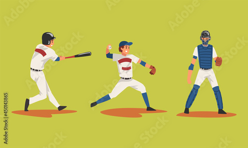 Baseball Player on Green Sport Field Playing Bat-and-ball Game Vector Set