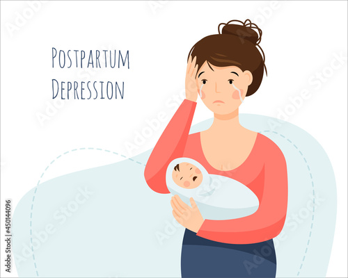 Postpartum depression. A woman is crying and holding a crying baby. Maternity crisis. 
