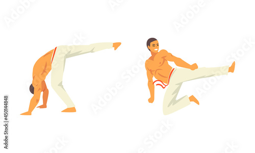 Young Male in White Pants and Naked Torso Doing Karate or Martial Art Vector Set