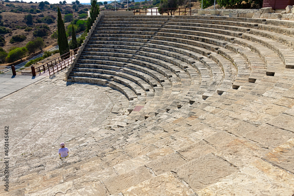 Cyprus, Limassol - 29 June 2021. Greco-Roman theater in the ancient city of Kourion. Built at the end of the 2nd century BC.