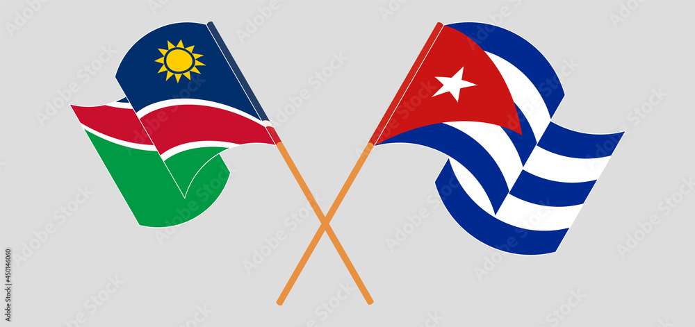 Crossed and waving flags of Namibia and Cuba Crossed and waving flags of Namibia and Cuba