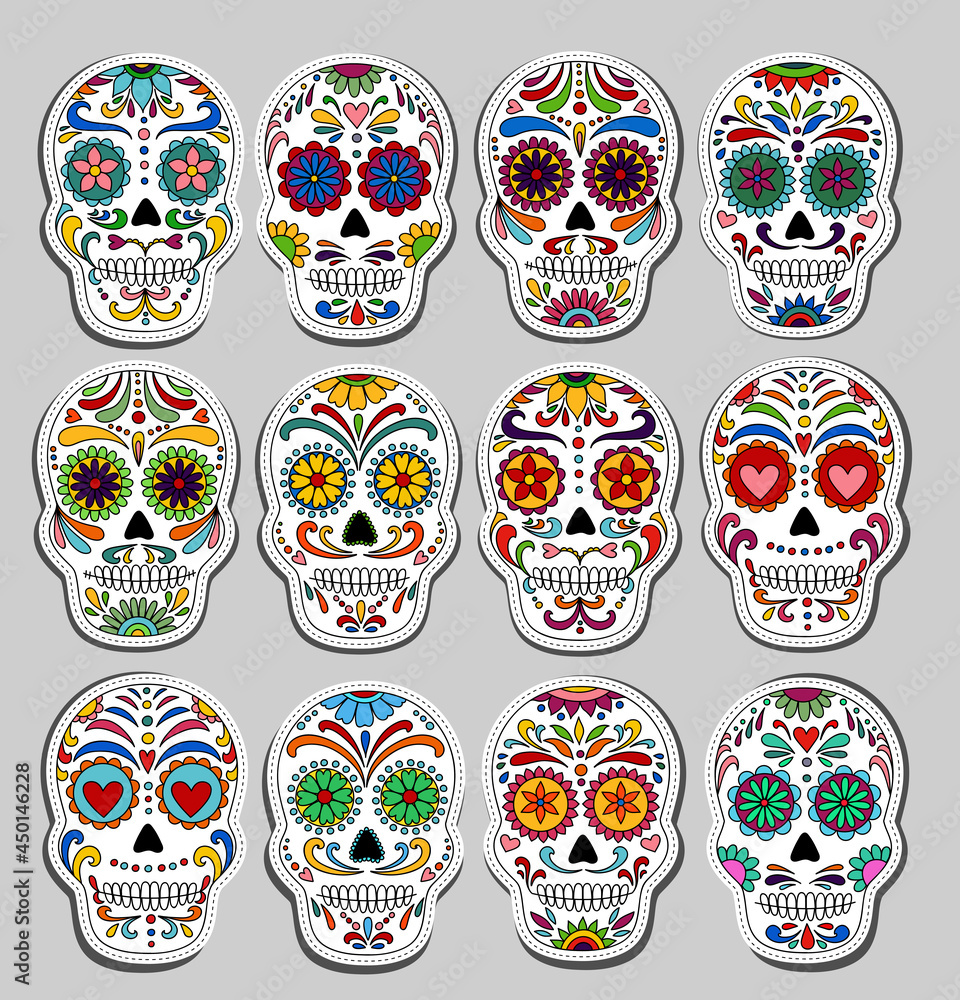 Day of the Dead skulls stickers. Dia de los muertos. Day of the dead
