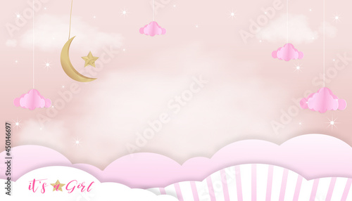 Vector for baby girl shower card on pink background,Cute Paper art abstract origami cloudscape, crescent moon and stars hanging on pink sky,Fluffy clouds with copy space for baby's photos