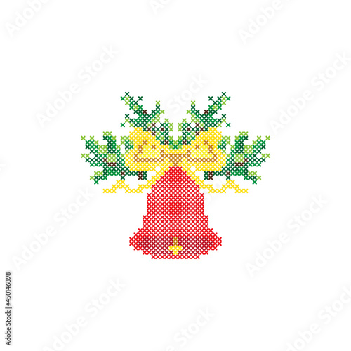 Christmas embroidery, cross stitch ornament. Christmas tree branches, bell, ribbon and bow, vector.