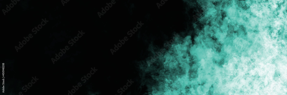 Fototapeta premium LIght blue smoke clouds on black background. Abstract banner
