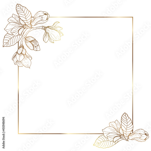 Gold frame. Trendy minimalistic abstract square botanical art templates. Magnolia flowers are golden. For publications on social networks, mobile applications, for banners the Internet. Vector