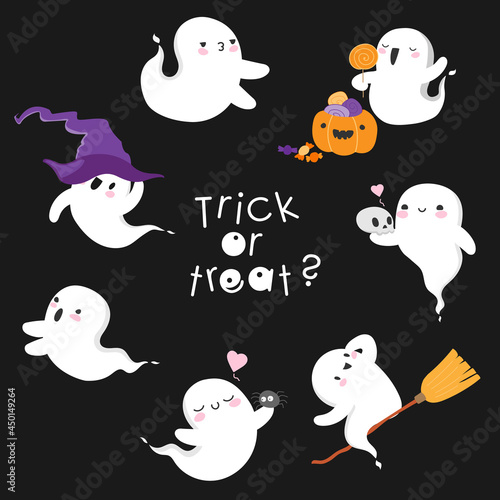 halloween spirit ghost flies. trick or treat. cute kawaii ghosts arranged a witch's sabbath for samhain. spooky fear boo night. stock vector flat cartoon illustration isolated on white background.