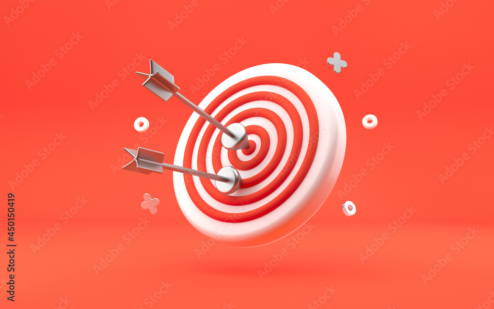 Arrow Darts in the center of target. Business goal, achievement and success concept. Modern design, 3d rendering. Bright red background. Arrow Darts in the center of target. Business goal, achievement and success concept. Modern design, 3d rendering. Bright red background.