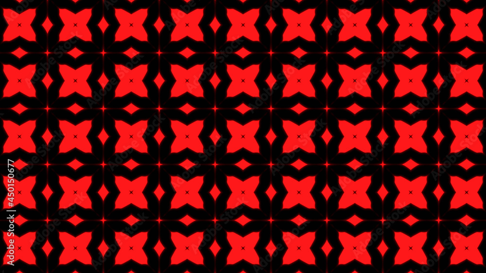 Fototapeta premium Abstract red geometric seamless pattern background. Abstract Stripes Kaleidoscope Loop. Fast Psychedelic Colorful Kaleidoscope VJ background. Disco Abstract Motion Background. Kaleidoscope effect